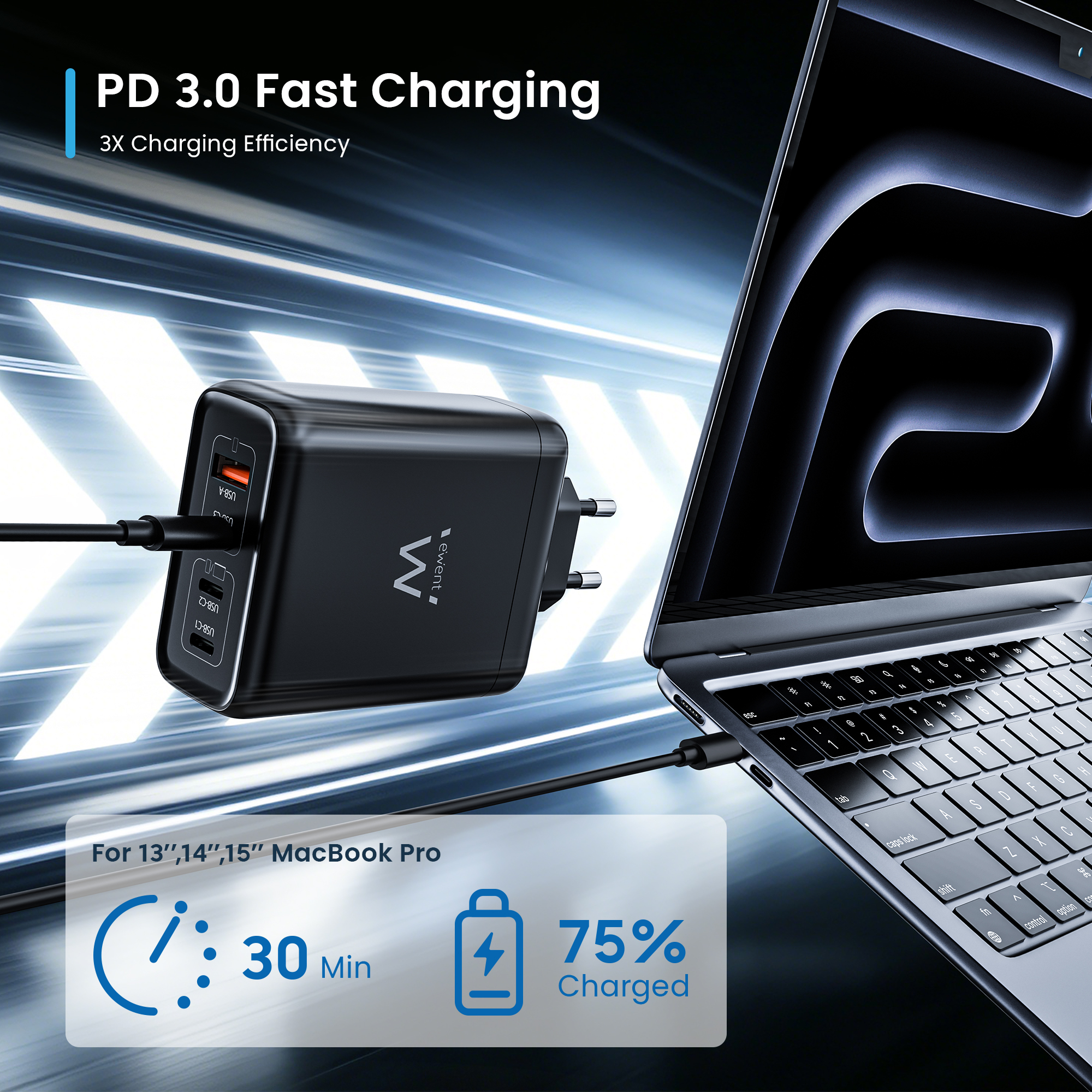 Ewent 140W GaN Fast 4-port (3 USB-C PD and 1 USB-A QC) charger Compact Design with 2m USB-C Cable – image 6