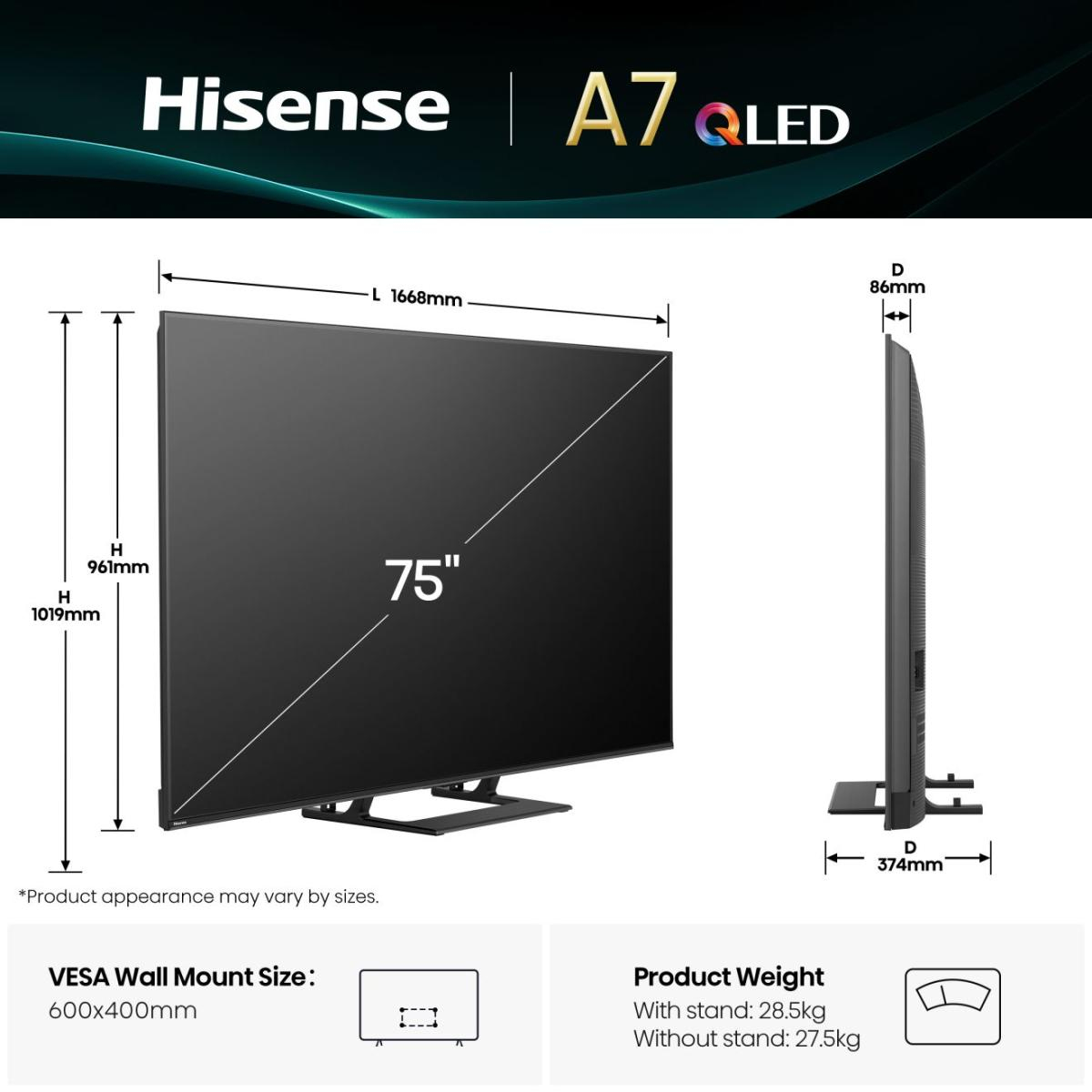 Smart TV 4K Ultra HD Hisense 75 pouces LED HDR Modèle 75A7Q HDMI Bluetooth USB Ethernet D LED 2025 — photo 2