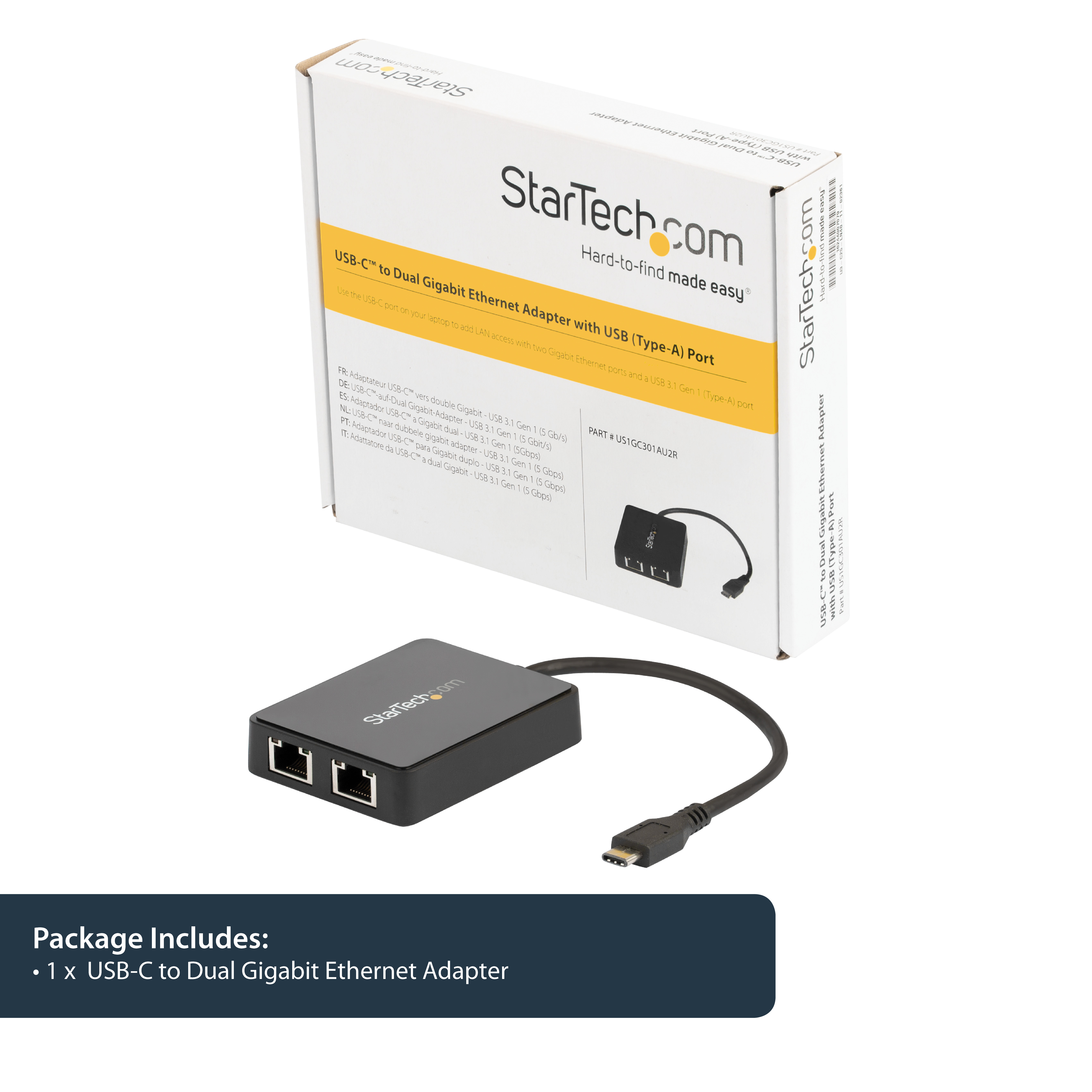 صورة محول StarTech.com USB-C إلى شبكة جيجابت إيثرنت مزدوجة مع منفذ USB-A (US1GC301AU2R)