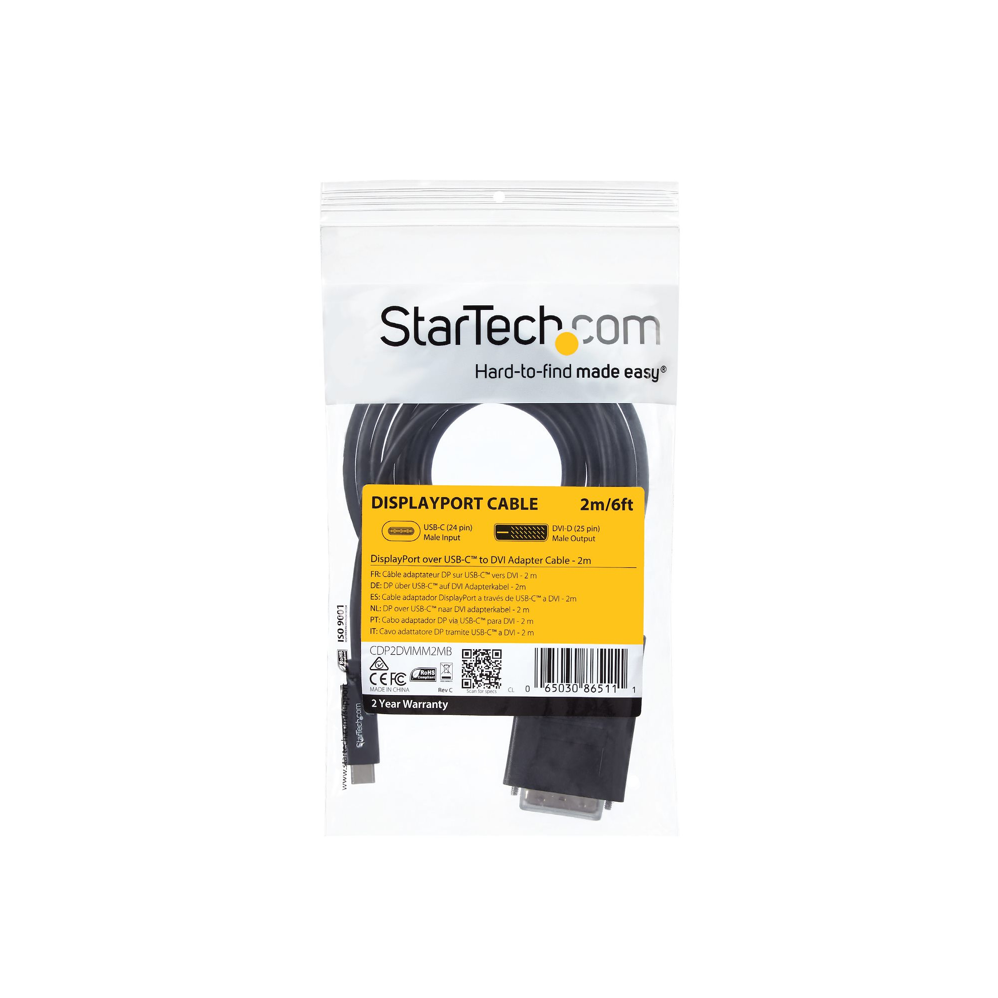 صورة StarTech.com CDP2DVIMM2MB كابل USB-C إلى DVI - 2 متر، 1920 × 1200، أسود