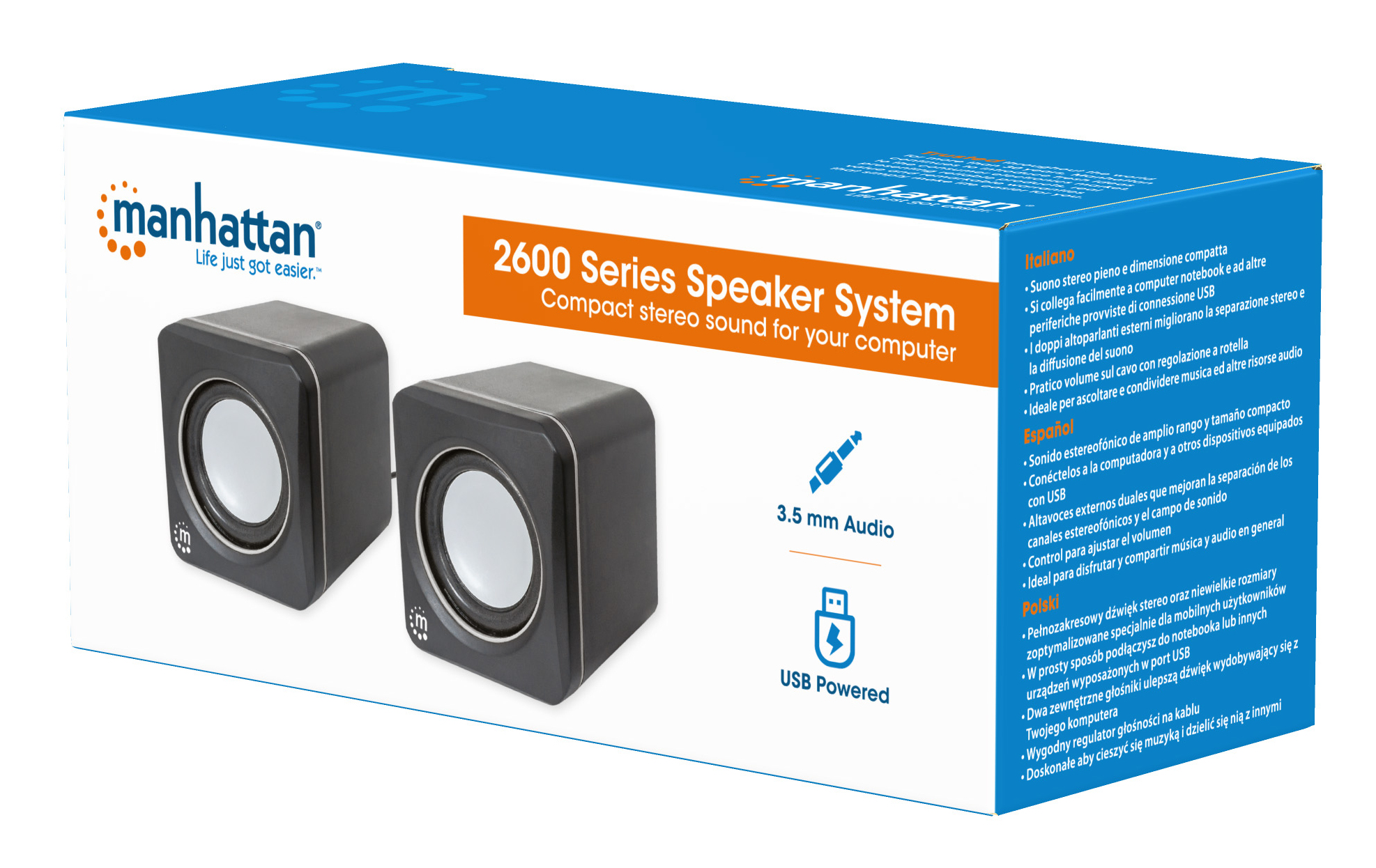 Manhattan 2600 Series Speaker System, Small Size, Big Sound, Two Speakers, Stereo, USB power, Output: 2x 3W, 3.5mm plug for sound, In-Line volume control, Cable 0.9m, Black/Grey, Three Year Warranty image 9