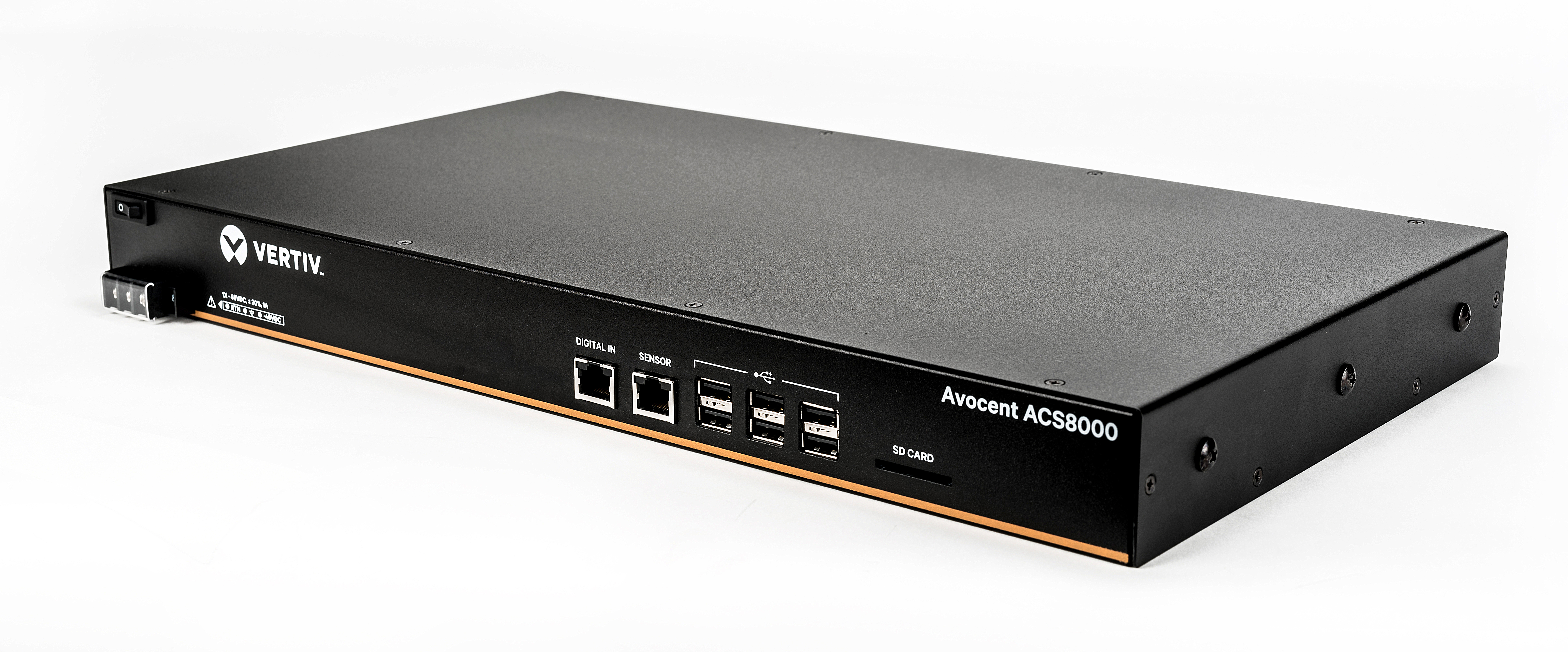 Vertiv Avocent 8-Port ACS 8000 with single DC Power Supply - ACS8008SDC-400. Management protocols: CLI, HTTP/ HTTPS, SNMP.