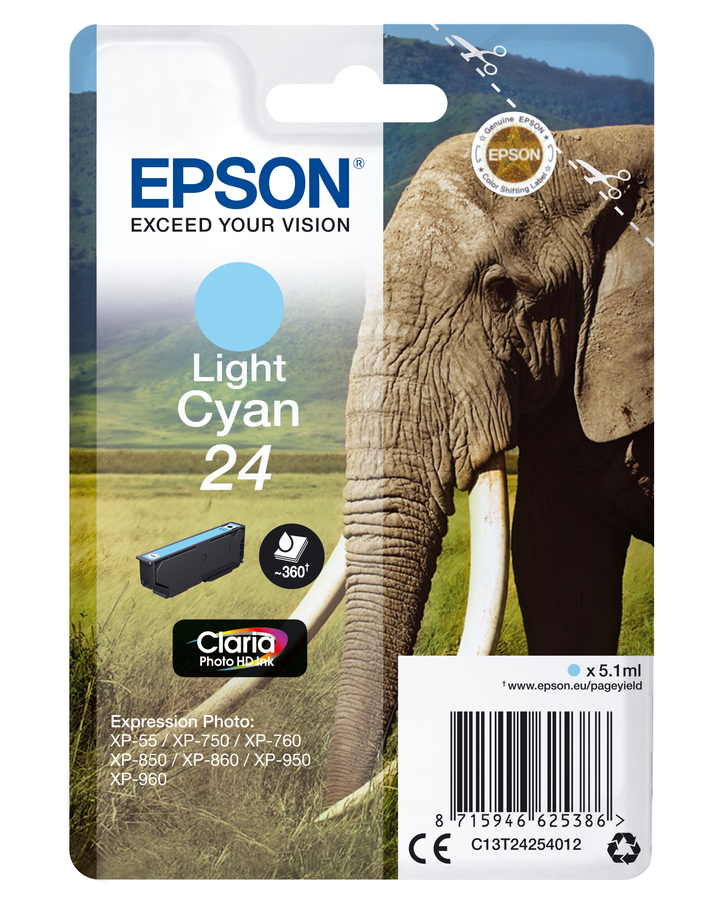 Epson Elephant Enpack ljus cyan 24 Claria Photo HD-bläck