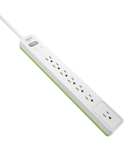 APC Essential Surgearrest PE76W - Surge protector - AC 120 V - output connectors: 7 - 6 ft cord - white, green - for P/N: AR106SH4, AR106SH6, AR109SH4, AR109SH6, AR112SH4, AR112SH6