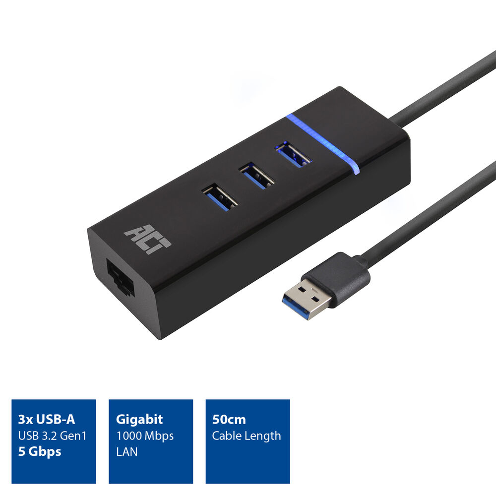 ACT USB hub 3.0 3 port USB-A, Gigabit ethernet – image 2