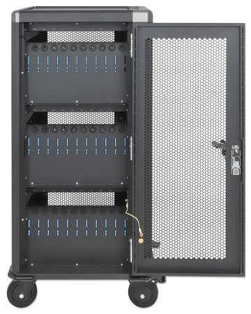 Manhattan USB-C-laadtrolley voor 30 apparaten, 30 W per poort, iPad tot 13", MacBook Air tot 13" en Chromebook tot 14"; ook tablets/smartphones, vakken 404 × 27,6 × 283 mm, USB-C-laadkabels inbegrepen, afsluitbaar