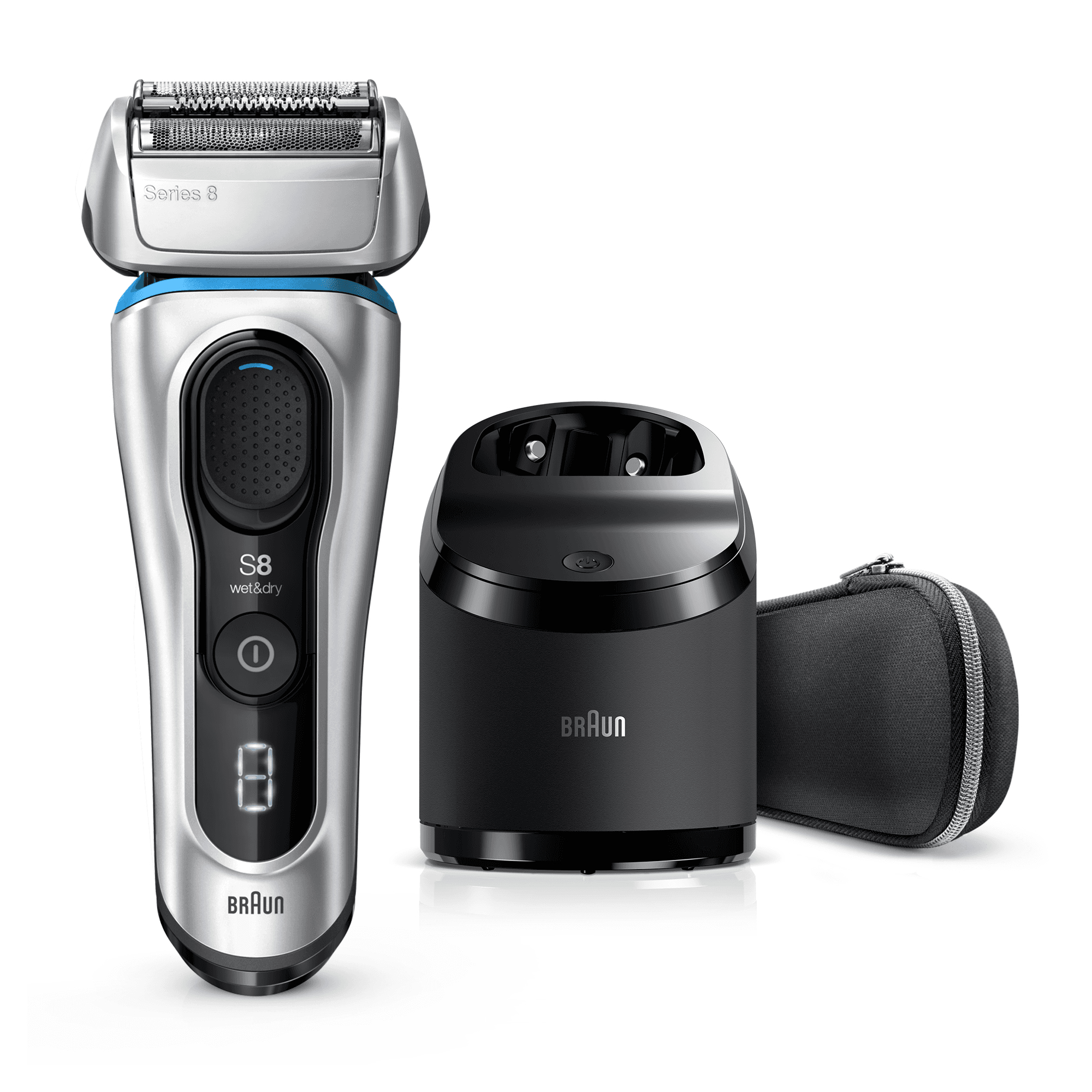 Braun Series 8 8390cc Next Generation Electric Shaver, Clean&Charge Station, Fabric Case, Silver