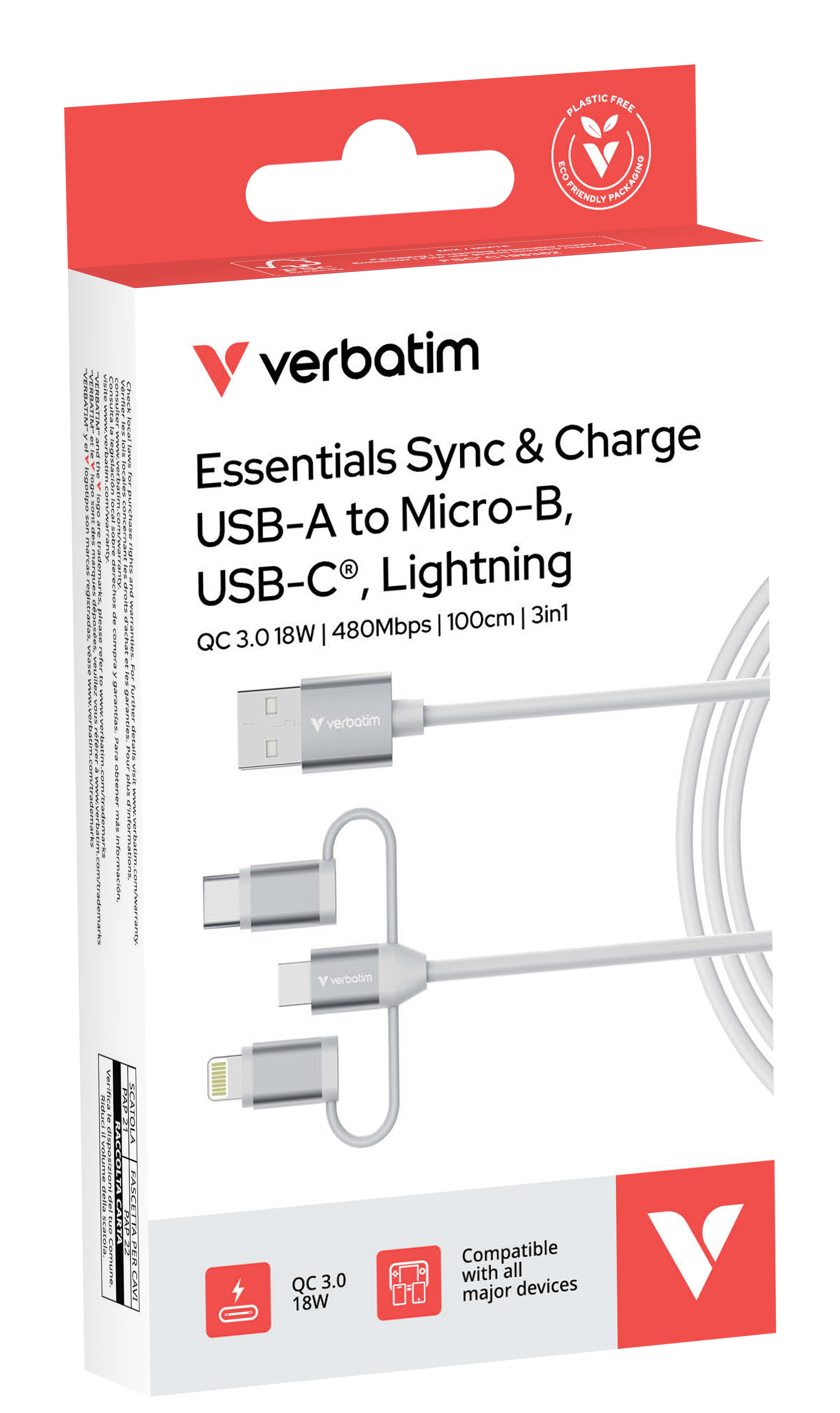 Verbatim Sync & Charge 3-in-1 USB A to USB-B&C/Lightning