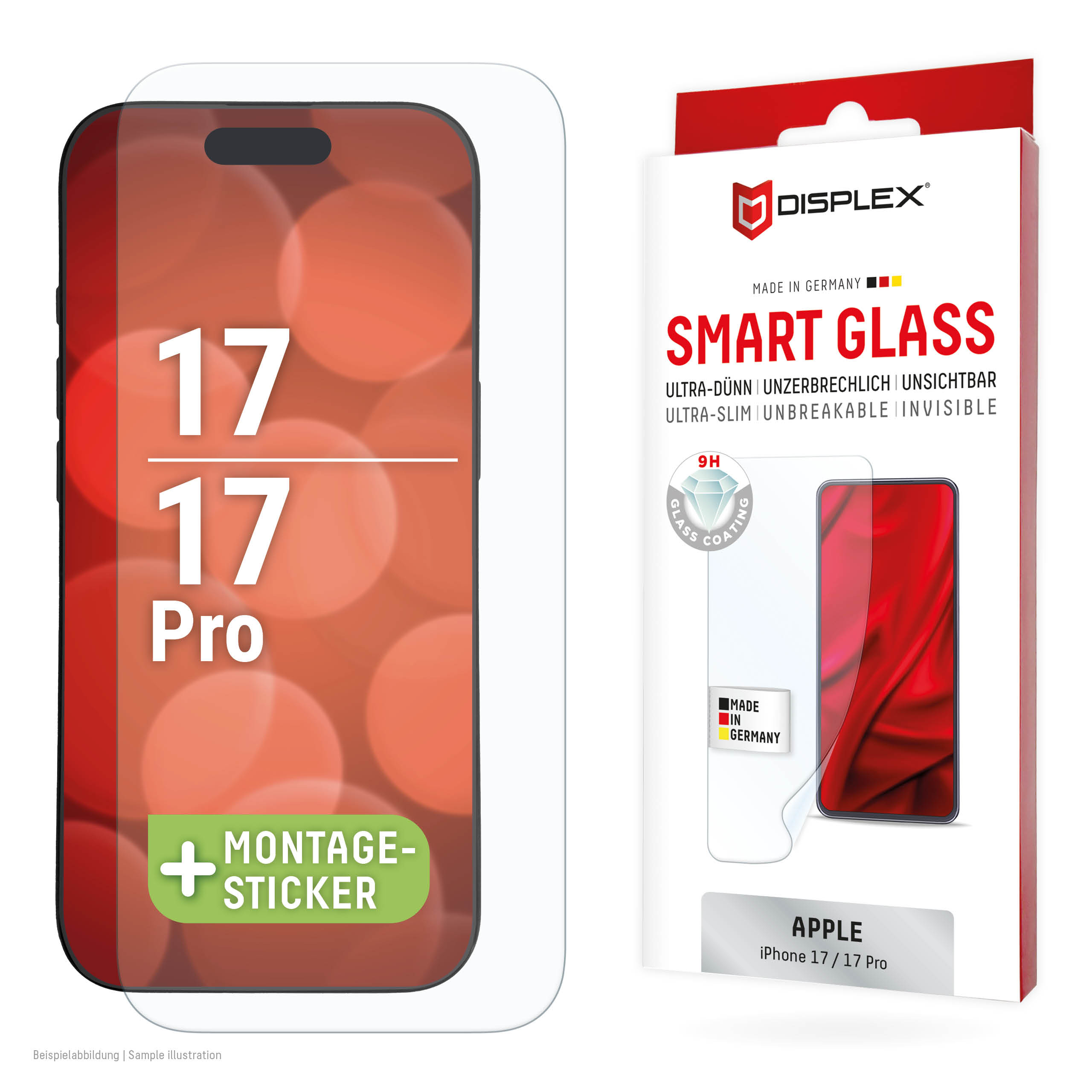 Displex Smart Glass (9H) for Apple iPhone 17/17 Pro, Mounting Sticker, unbreakable