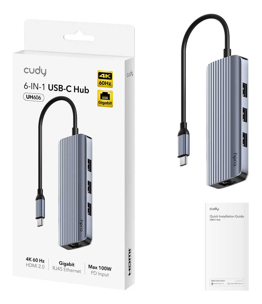 Cudy UH606 laptop dock/port replicator Wired USB 3.2 Gen 1 (3.1 Gen 1) Type-C Grey, Silver – image 2