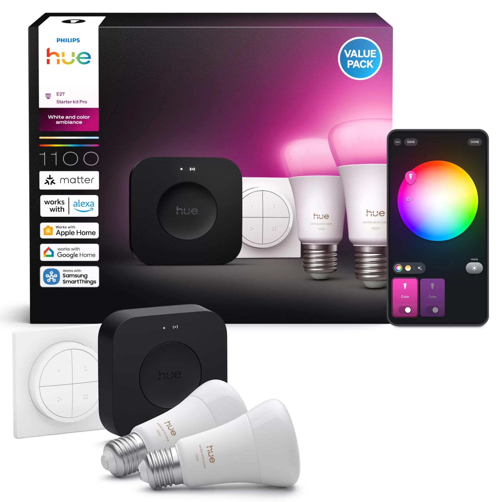 Philips by Signify Philips Hue White and colour ambience Starterkit Pro: 2 E27 smart bulbs (1100) + tap dial – image 3