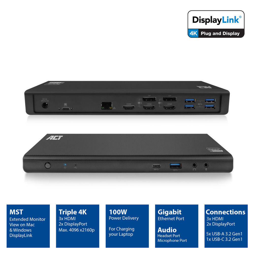 ACT USB-C Docking Station 4K, for 2 or 3 HDMI/DisplayPort monitors, DisplayLink – image 2