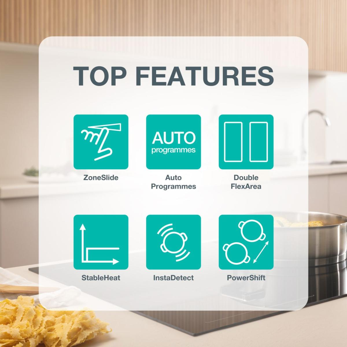 Gorenje Induktionshäll med Slider‐styrning för exakt värme, BridgeZones för stora kärl och Gentle Heat för stabil temperatur. Ger enkel kontroll, flexibel matla – image 3