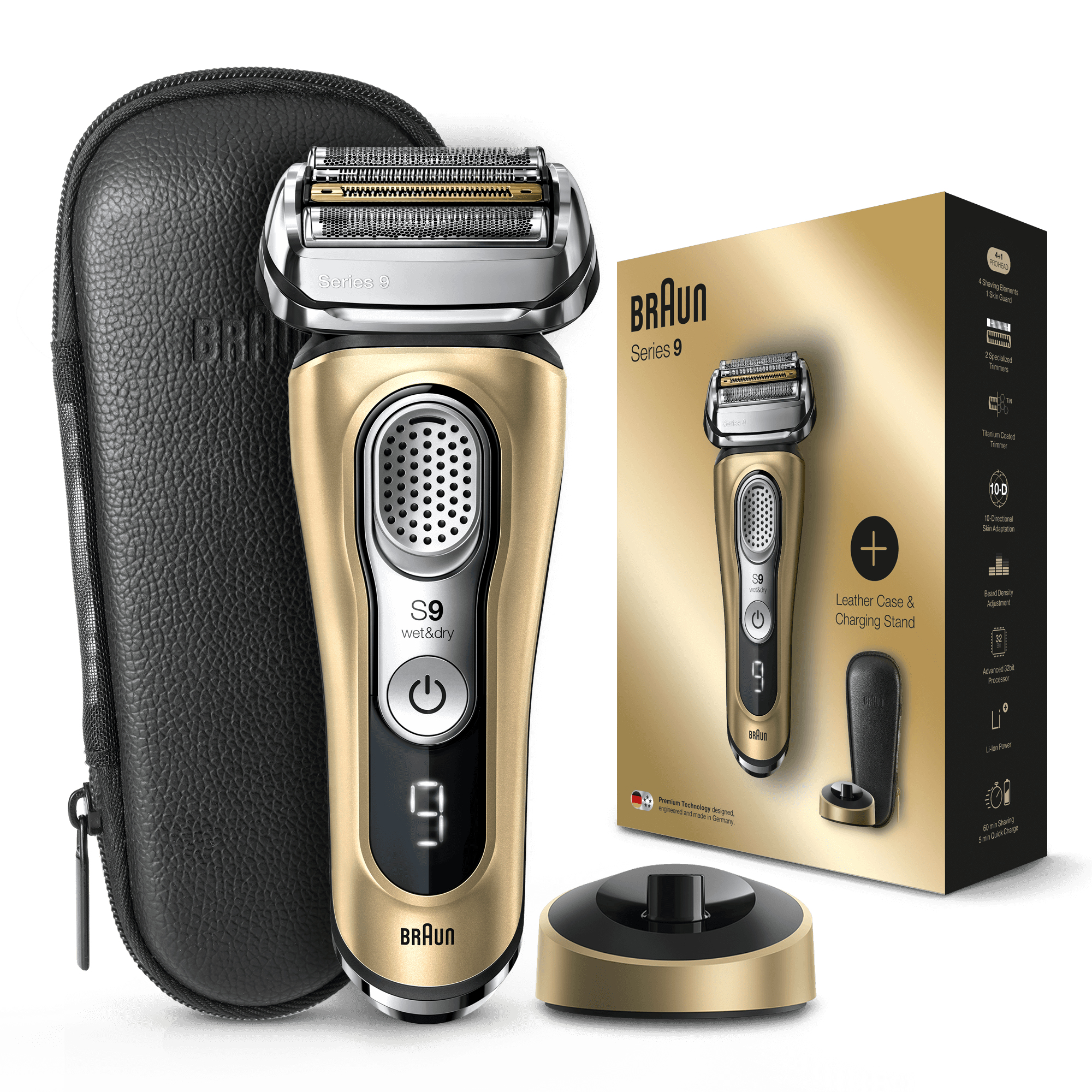 Braun Series 9 Electric Shaver for Men 9299s, Charging Stand and Leather Travel Case - Gold Gifting Edition