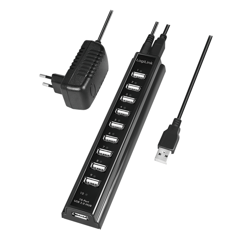 Logilink USB-HUB 10-Port m. Netzteil schwarz Kunststoff HUBs