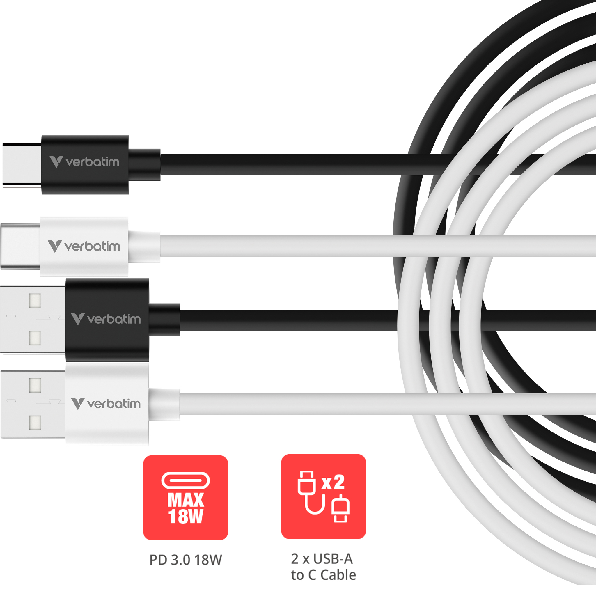 Verbatim Sync & Charge USB-A to USB-C  18W 100cm - 2 Pack
