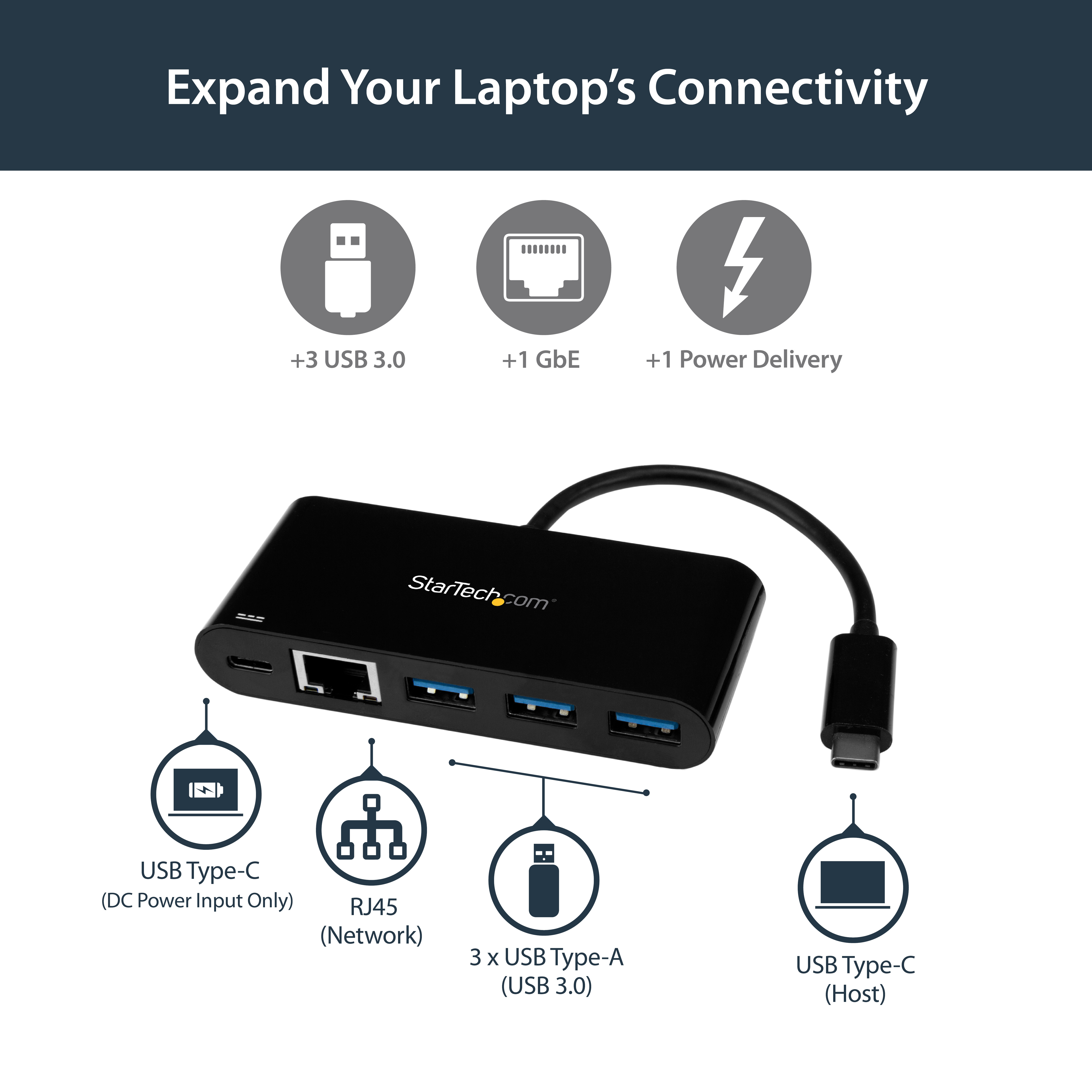 صورة StarTech.com US1GC303APD محول إيثرنت USB-C إلى 5 جيجابت في الثانية مع موزع USB 3.0 بـ 3 منافذ وتوصيل طاقة
