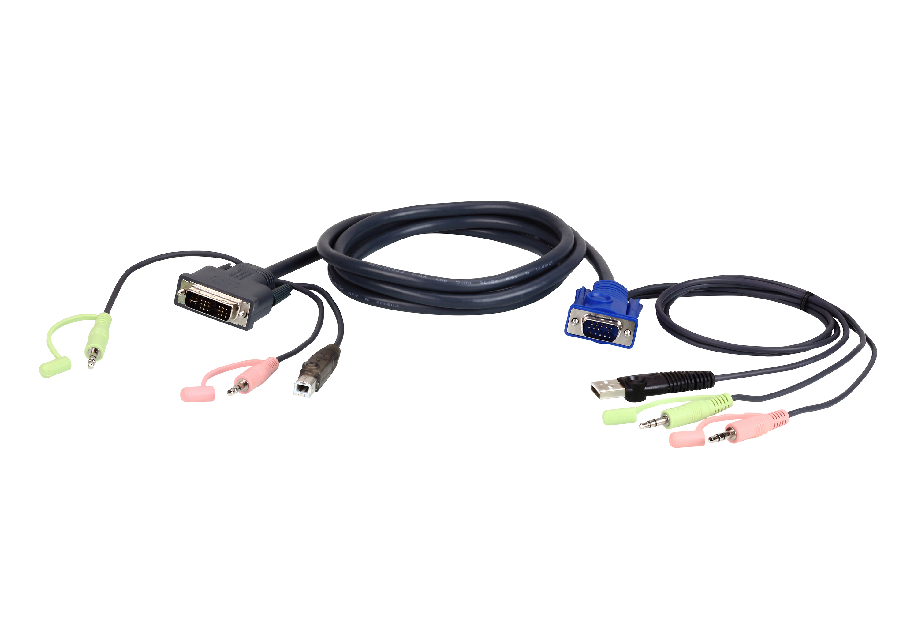 ATEN 2L-7DX2U videokabeladapter 1,8 m VGA (D-Sub) + 3.5mm + USB Type-A DVI-I + 3.5mm + USB Type-B Svart, Grön, Rosa
