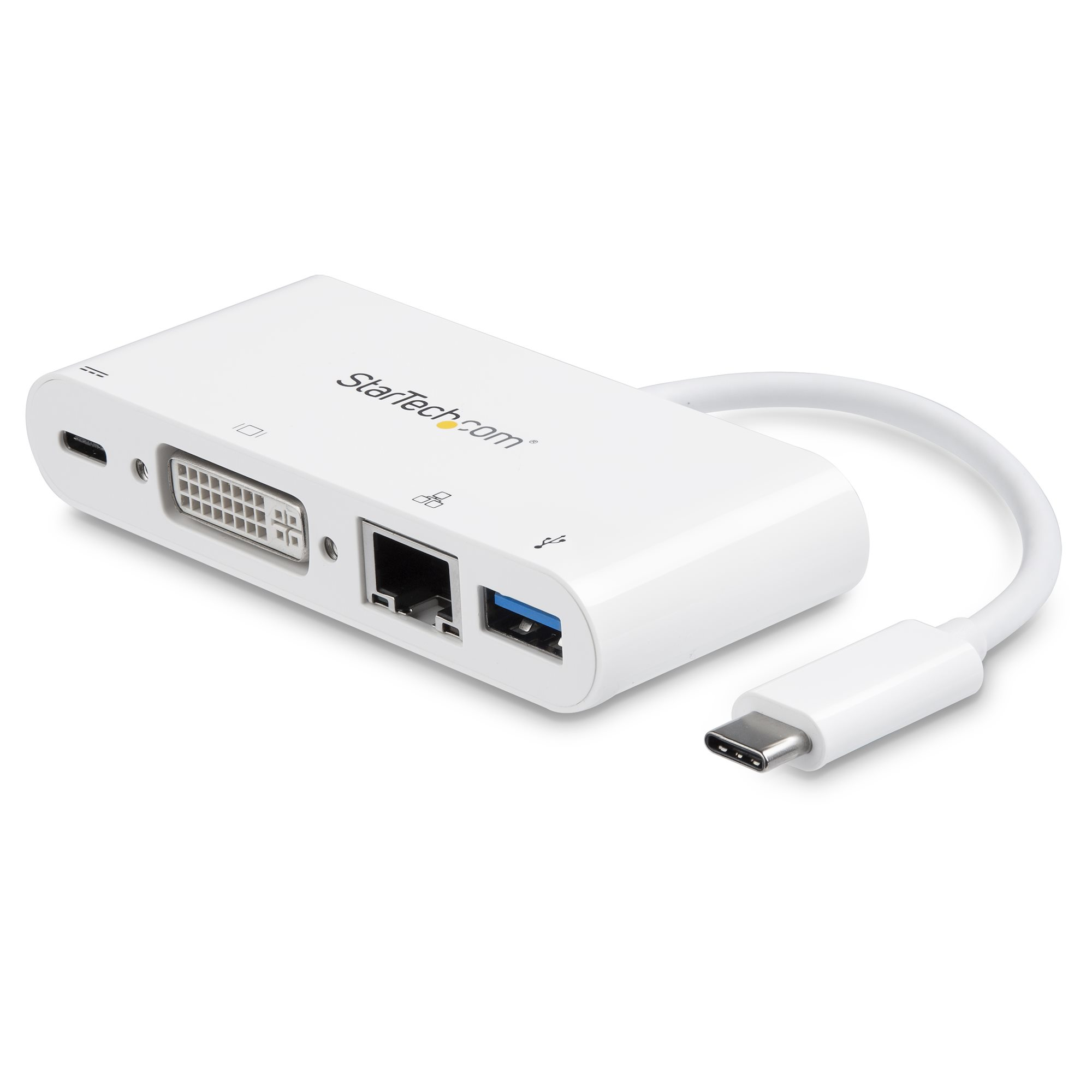 StarTech.com USB C Multiport Adapter, USB-C to DVI-D (Digital) Video Adapter with 60W Power Delivery Passthrough Charging, GbE, USB-A, Portable USB Type-C/Thunderbolt 3 Mini Laptop Dock - Dock with Ethernet (DKT30CDVPD) - External video adapter - USB-C - DVI, RJ-45 - white