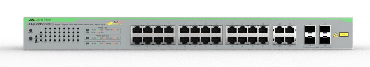 Allied Telesis iGS950/28PS Géré L2 Gigabit Ethernet (10/100/1000) Connexion Ethernet, supportant l'alimentation via ce port (PoE) Montage sur le bureau ou sur le mur Argent