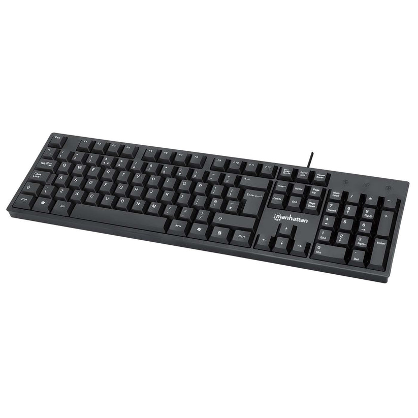 Manhattan Keyboard UK USB Wired, Standard Qwerty layout, Black, Full Size Keys, Cable 1.5m, USB-A connection, Plug and Play, Three Year Warranty, Retail Boxed