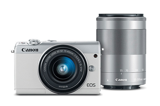 Canon EOS M100 - Digital camera - mirrorless - 24.2 MP - APS-C - 1080p / 60 fps - 3x optical zoom EF-M 15-45mm IS and 55-200mm lenses - Wi-Fi, NFC, Bluetooth - white