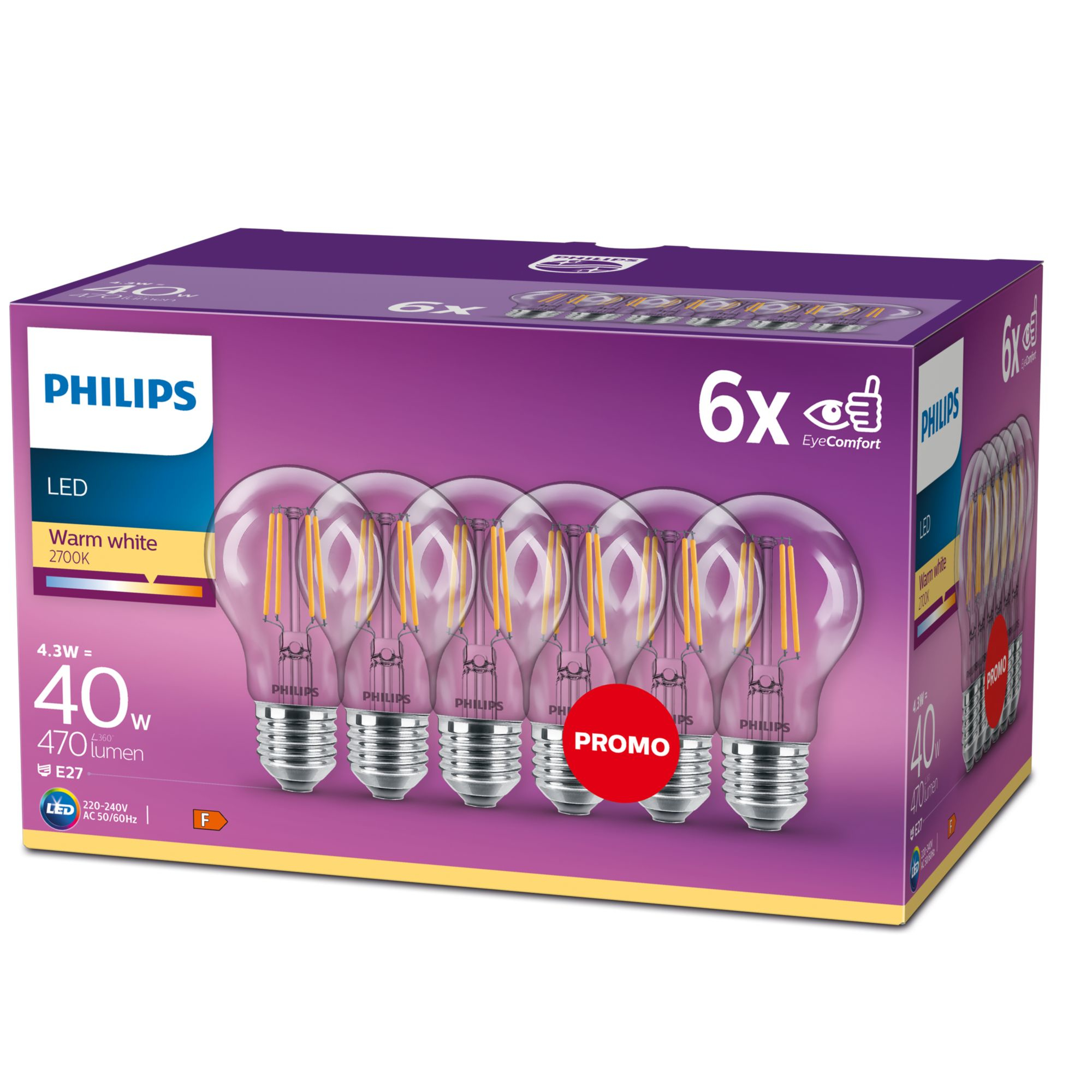 Resim Philips E27 4W 470lm 2700K Sıcak Beyaz Şeffaf Dim Edilemez Ampul