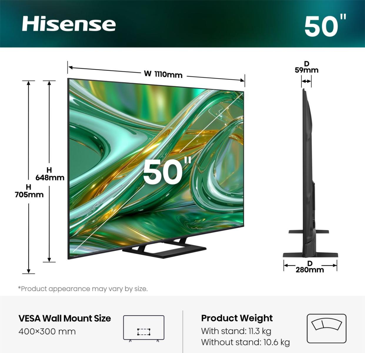 Hisense 50E8S TV QLED MiniLED 50 (126 cm) 4K UHD 3840x2160 144 Hz Caisson basses intégré Smart TV 3xHDMI 2.1 WiFi — photo 2