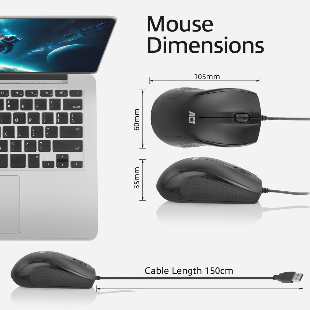 ACT Wired full-size optical mouse 1000 DPI, silent click, eco-friendly, made from recycled materials – image 6