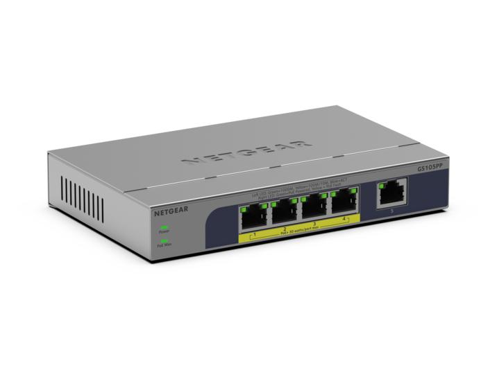 NETGEAR GS105PP - Switch - unmanaged - 1 x 10/100/1000 + 4 x 10/100/1000 (PoE+) - desktop, wall-mountable - PoE+ (83 W)