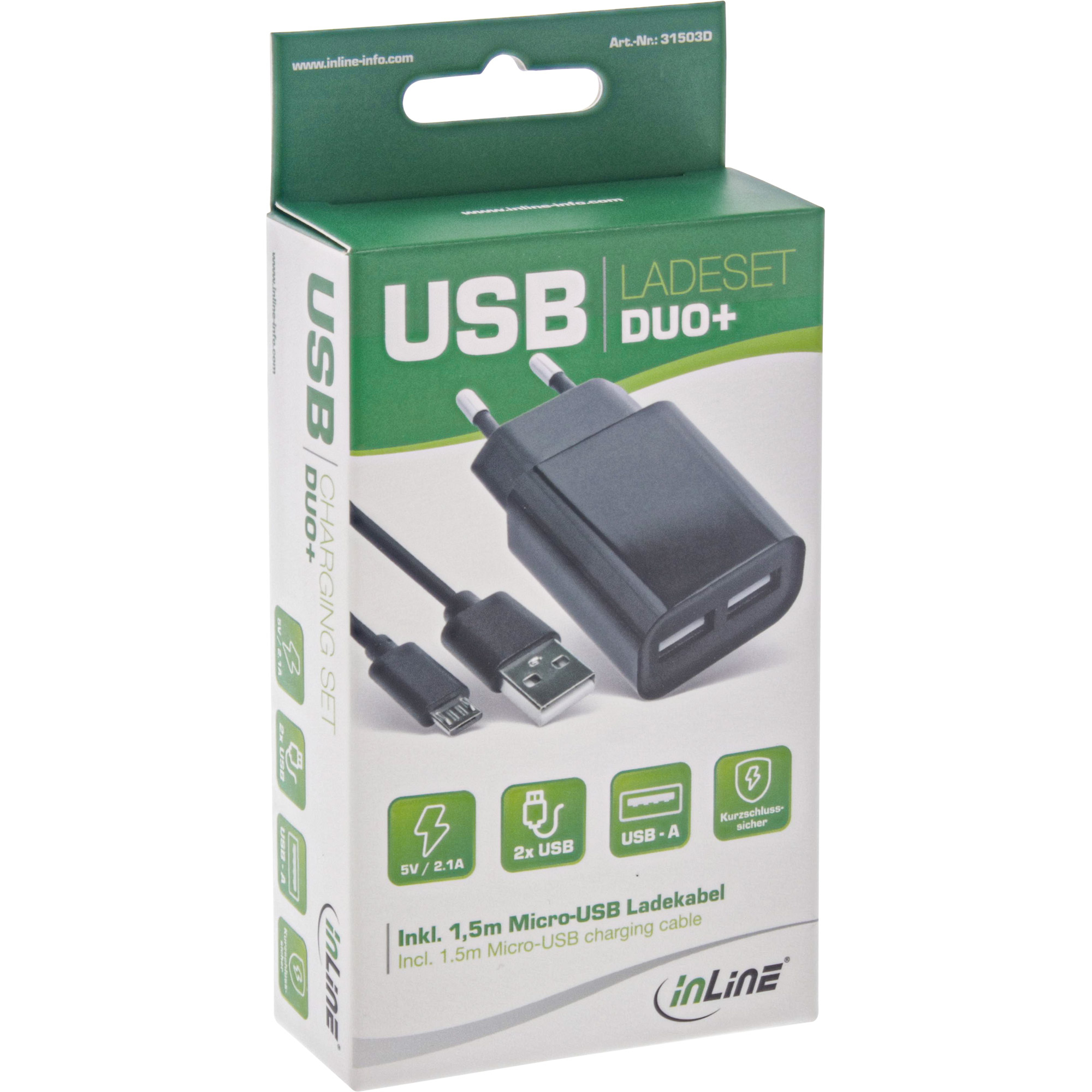 InLine USB DUO+ Set, Power Adapter 2 Port + Micro-USB cable – image 2