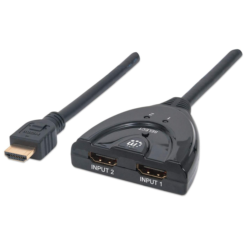Manhattan HDMI Switch 2-Port, 1080p, Connects x2 HDMI sources to x1 display, Manual Switching (via button), Integrated Cable (50cm), No external power required,