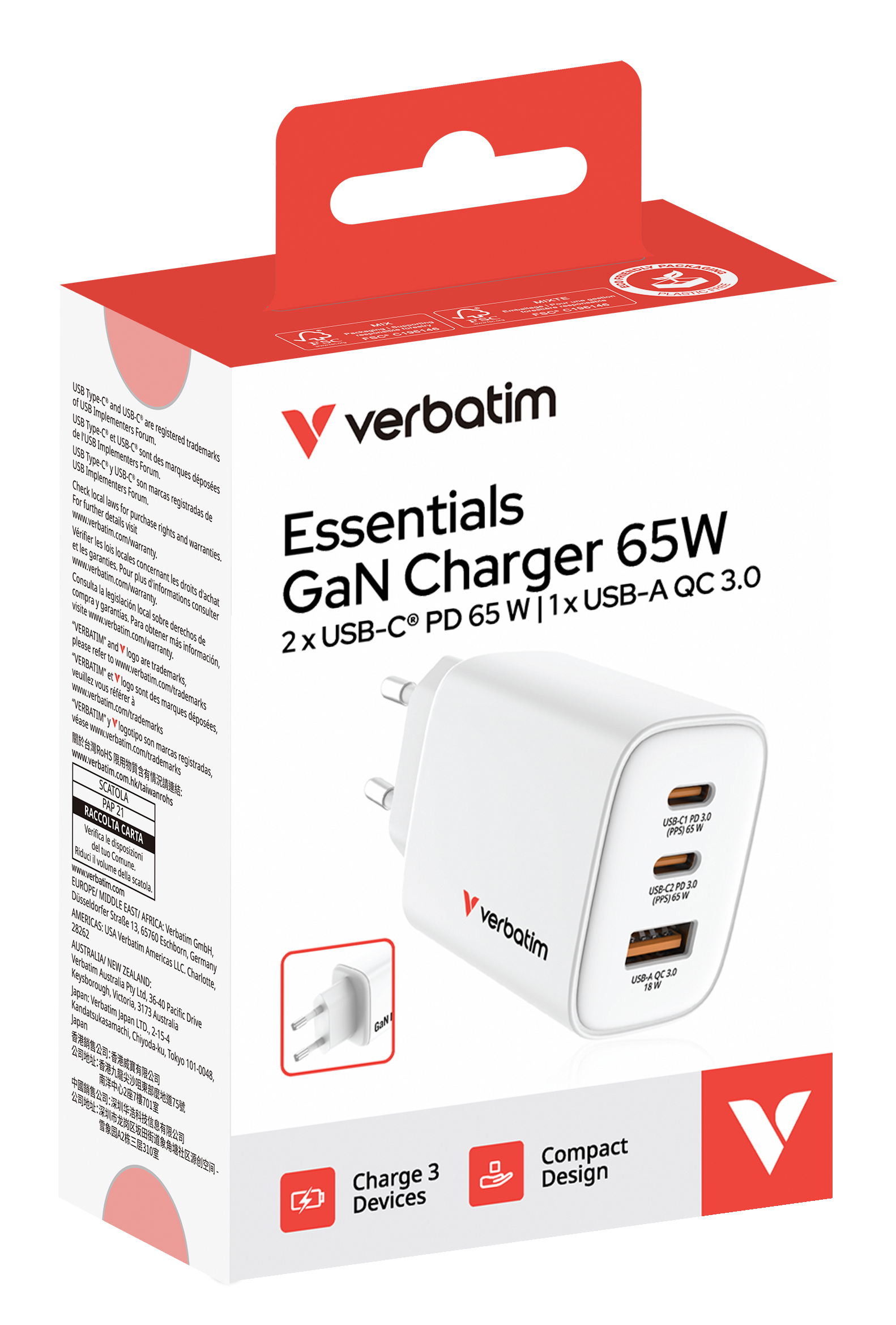 Verbatim GaN III Essentials Charger 3 Port 65W USB-A/C white