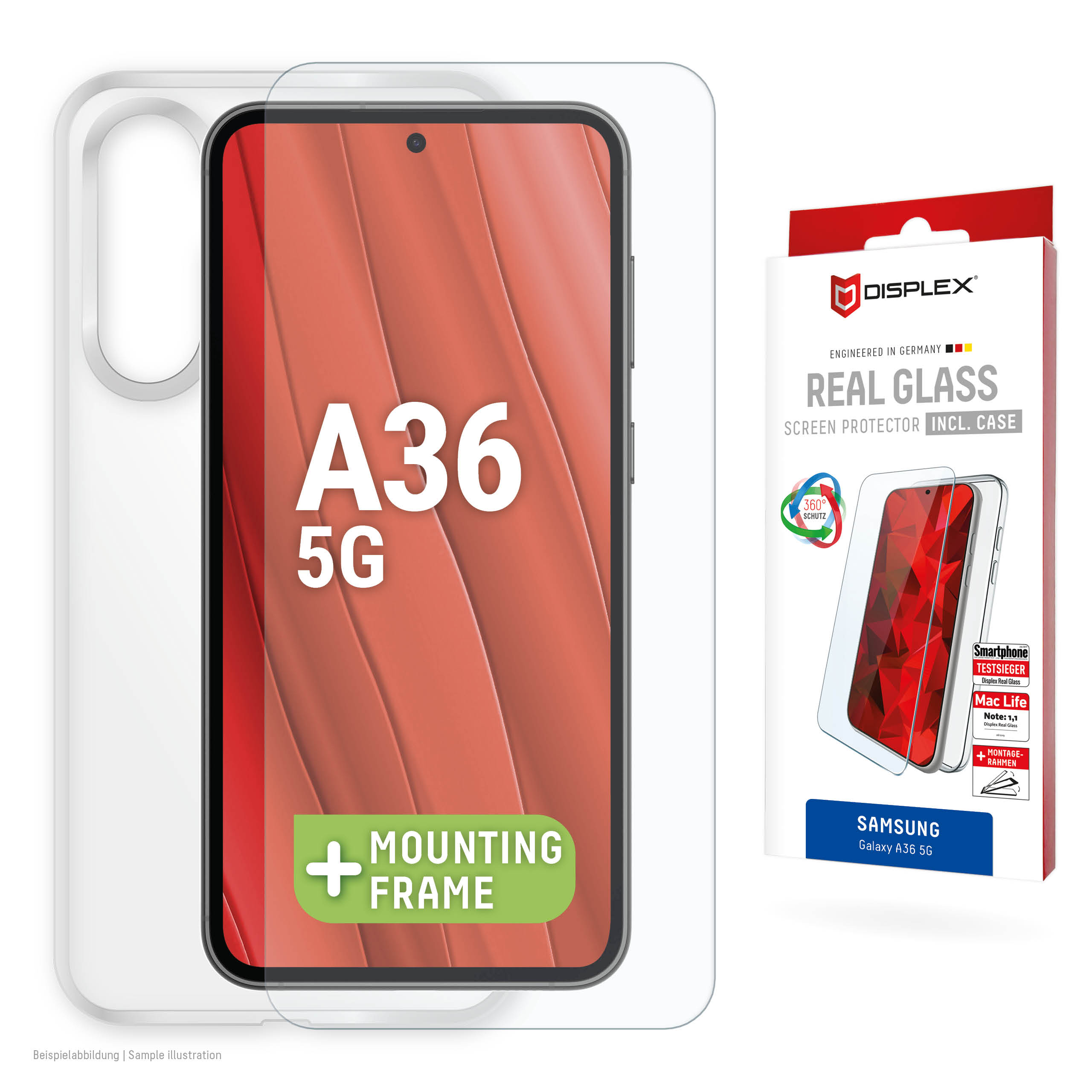 Displex Screen Protector + Case for Samsung Galaxy A36, Eco Mounting Frame, scratch resistant