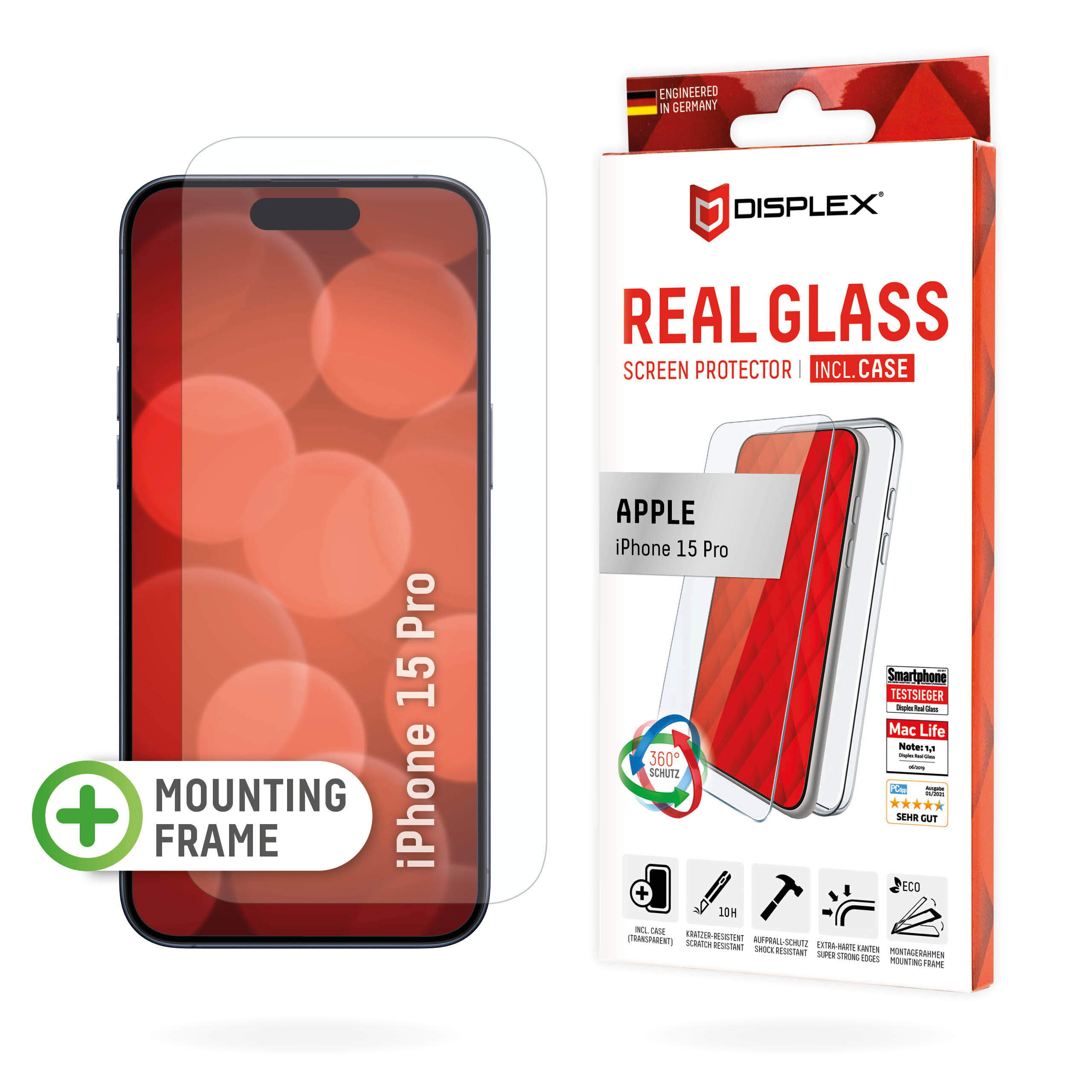 Displex Screen Protector + Case for Apple iPhone 15 Pro, Eco Mounting Frame, scratch resistant