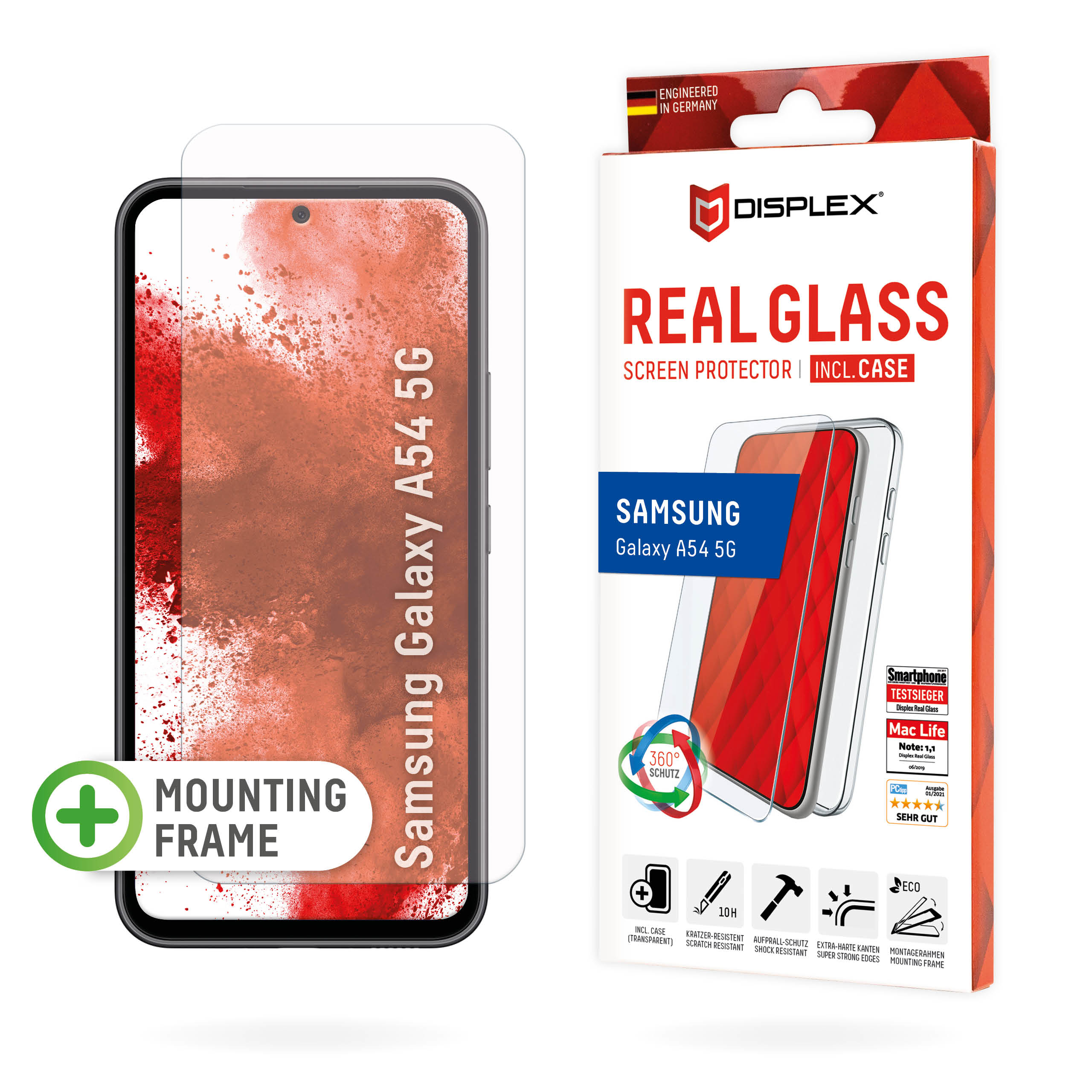 Displex Screen Protector (10H) + Case for Samsung Galaxy A54 5G, Eco Mounting Frame, + Case, Tempered Glass, scratch resistant protective film