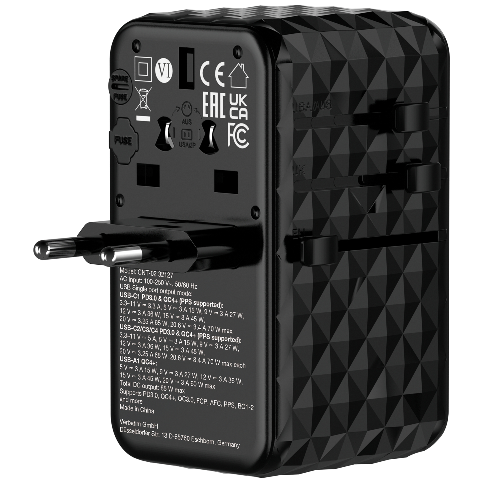 Resim Verbatim Charge 'n' Travel Diamond 85W CNT-02 AC Şarj Cihazı, 1x USB 2.0, 3x USB Type-C, Siyah