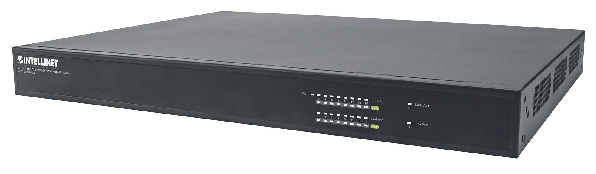 Intellinet 16-Port Gigabit Ethernet PoE+ Web-Managed AV Switch with 2 SFP Uplinks, 16 Rear-Facing PoE+ Ports, IEEE 802.3at Power over Ethernet (PoE+), Layer2+,