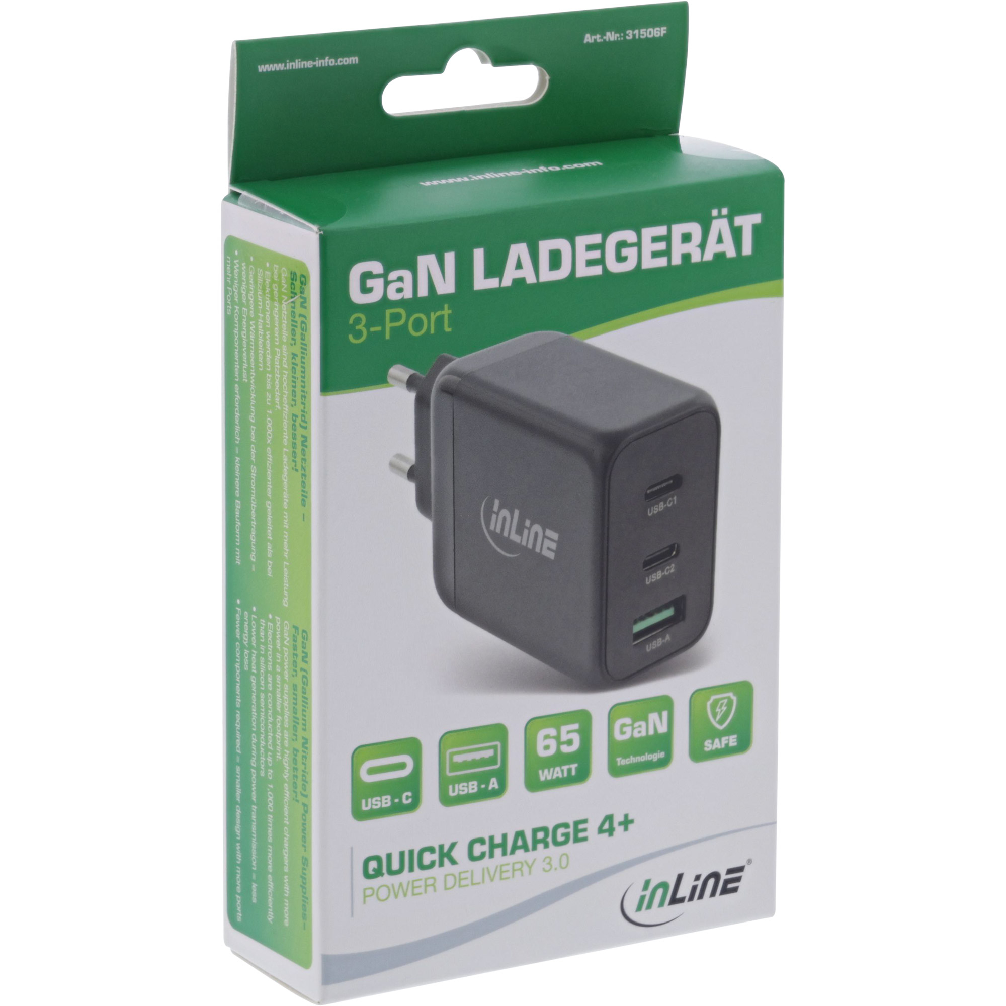 InLine USB PD power supply, GaN charger, 3-port, Dual USB-C + USB-A – image 4
