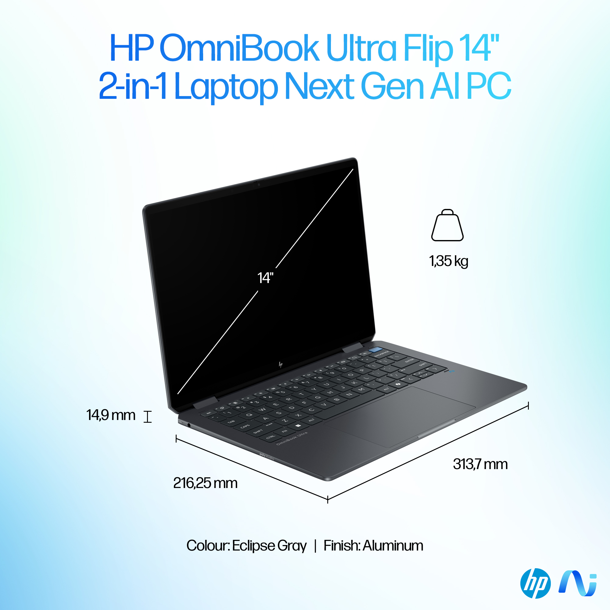 HP OmniBook Ultra Flip 14-fh0006na Copilot+ PC Intel Core Ultra 7 256V Hybrid (2-in-1) 35.6 cm (14″) Touchscreen 3K 16 GB LPDDR5x-SDRAM 1 TB SSD Wi-Fi 7 (802.11be) Windows 11 Home Black, Grey image 6