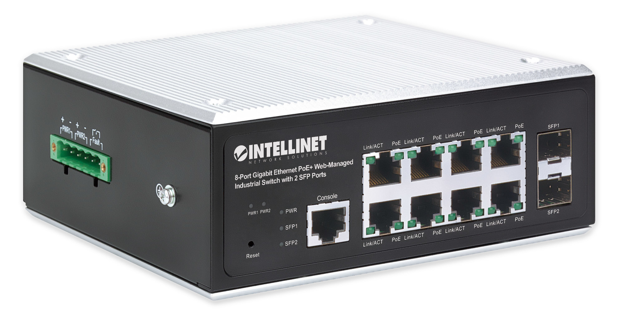 Intellinet Industrial 8-Port Gigabit Ethernet PoE+ Layer 2+ Web-Managed Switch with 2 SFP Ports IEEE 802.3at/af (PoE+/PoE) Compliant, PoE Power Budget up to 240 – image 2