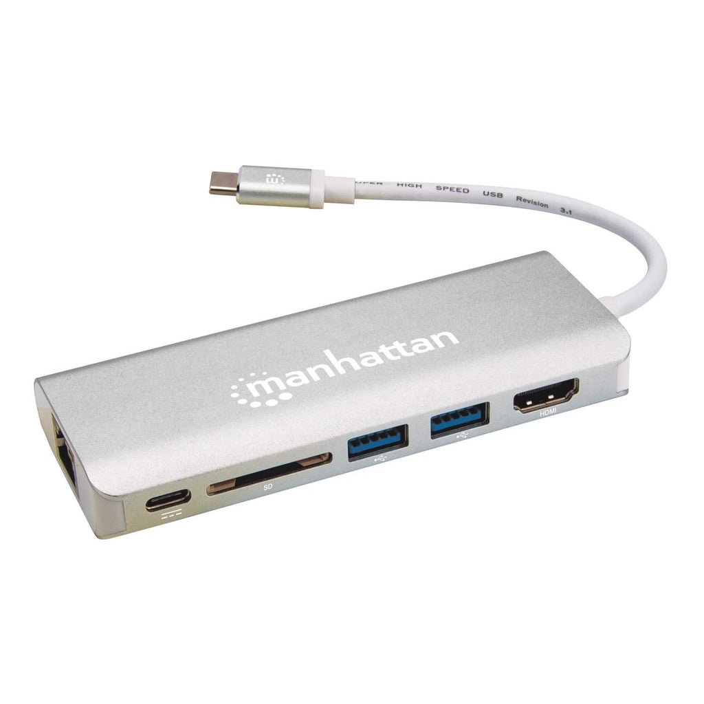 Manhattan USB-C Dock/Hub with Card Reader, Ports (x5): Ethernet, HDMI, USB-A (x2) and USB-C, With Power Delivery (60W) to USB-C Port (Note additional USB-C wall