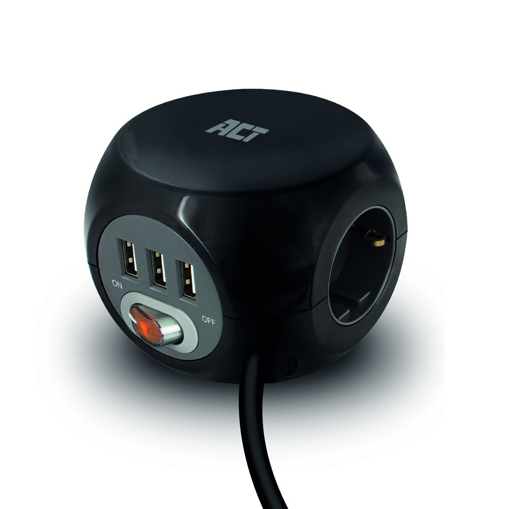ACT Power socket cube (PDU) with 3 sockets, USB-A ports, 1.5m – image 1