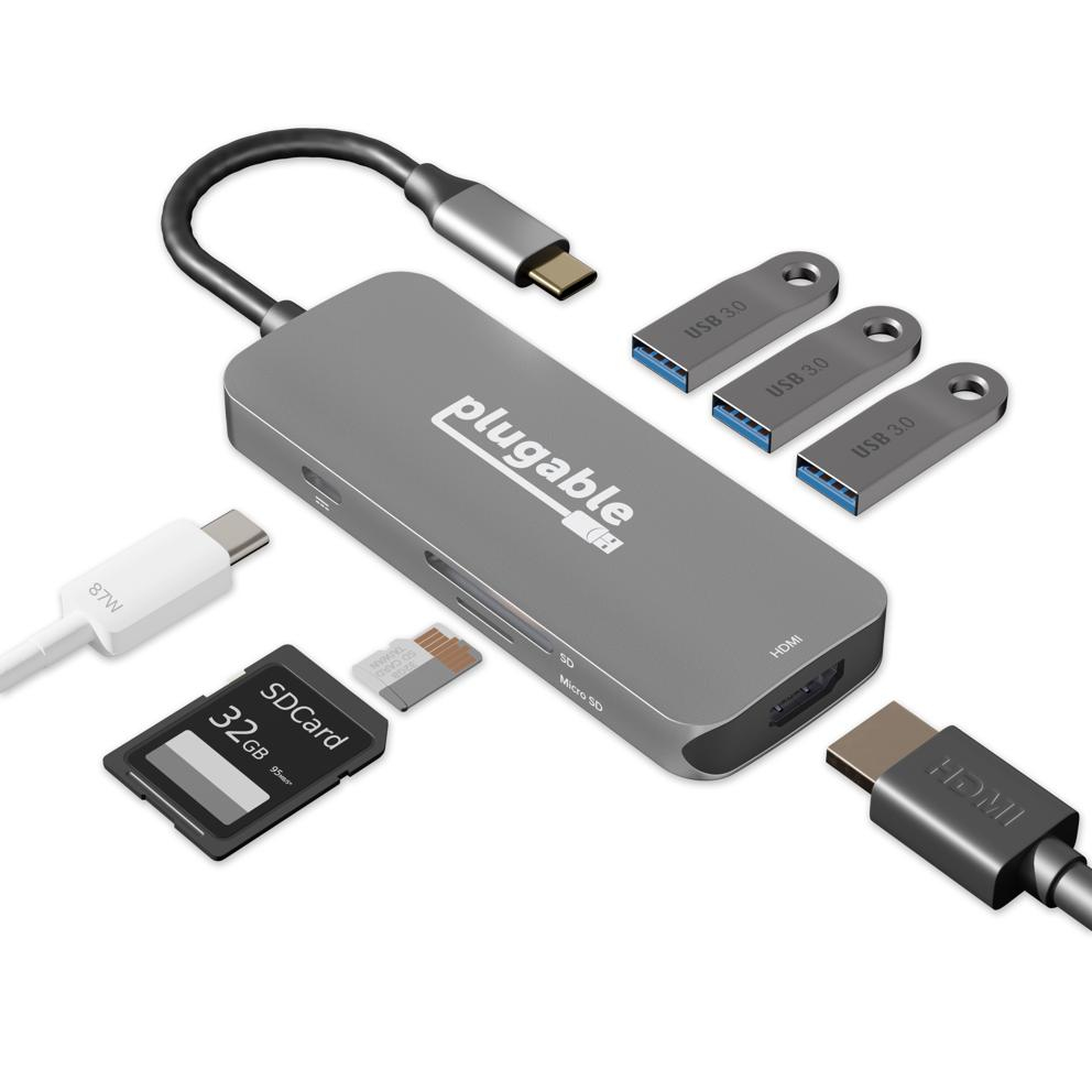 Plugable Technologies USB-C Hub 7-in-1, Driverless USB C Hub Compatible with Mac, Windows, Chromebook, USB4, Thunderbolt 4, and More (4K HDMI, 3 USB 3.0, SD & m
