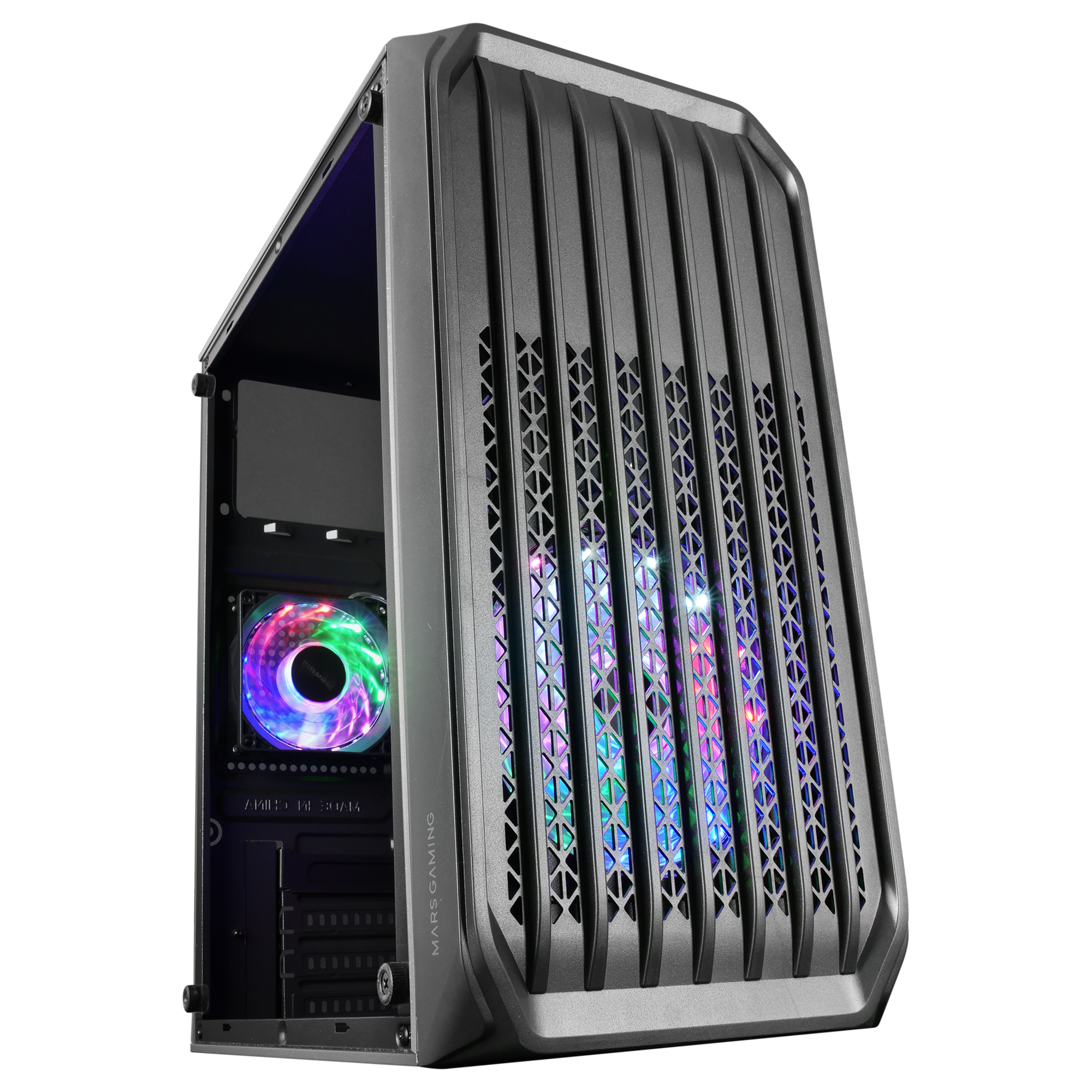 Mars Gaming MC-S2 Black Compact Micro-ATX Gaming PC Case 2 FRGB Rainbow Fans with Front Grille Full Side Window