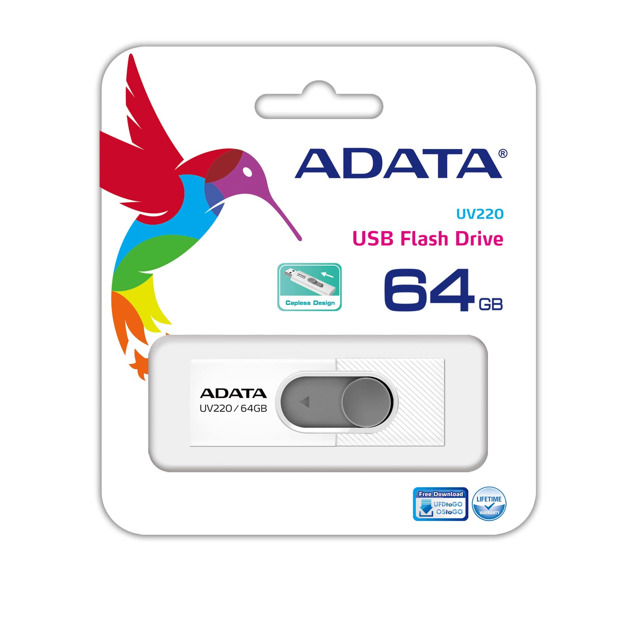 Memoria USB ADATA UV220 - 64GB - USB 2.0 - Blanco/Gris - AUV220-64G-RWHGY Memoria USB ADATA UV220 - 64GB - USB 2.0 - Blanco/Gris - AUV220-64G-RWHGY