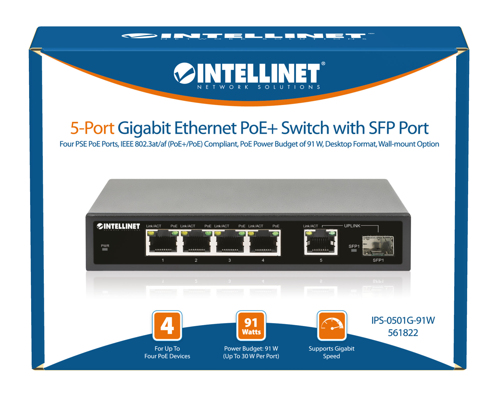 Intellinet 5-Port Gigabit Ethernet PoE+ Switch with SFP Port, Four PSE PoE Ports, IEEE 802.3at/af (PoE+/PoE) Compliant, PoE Power Budget of – image 9