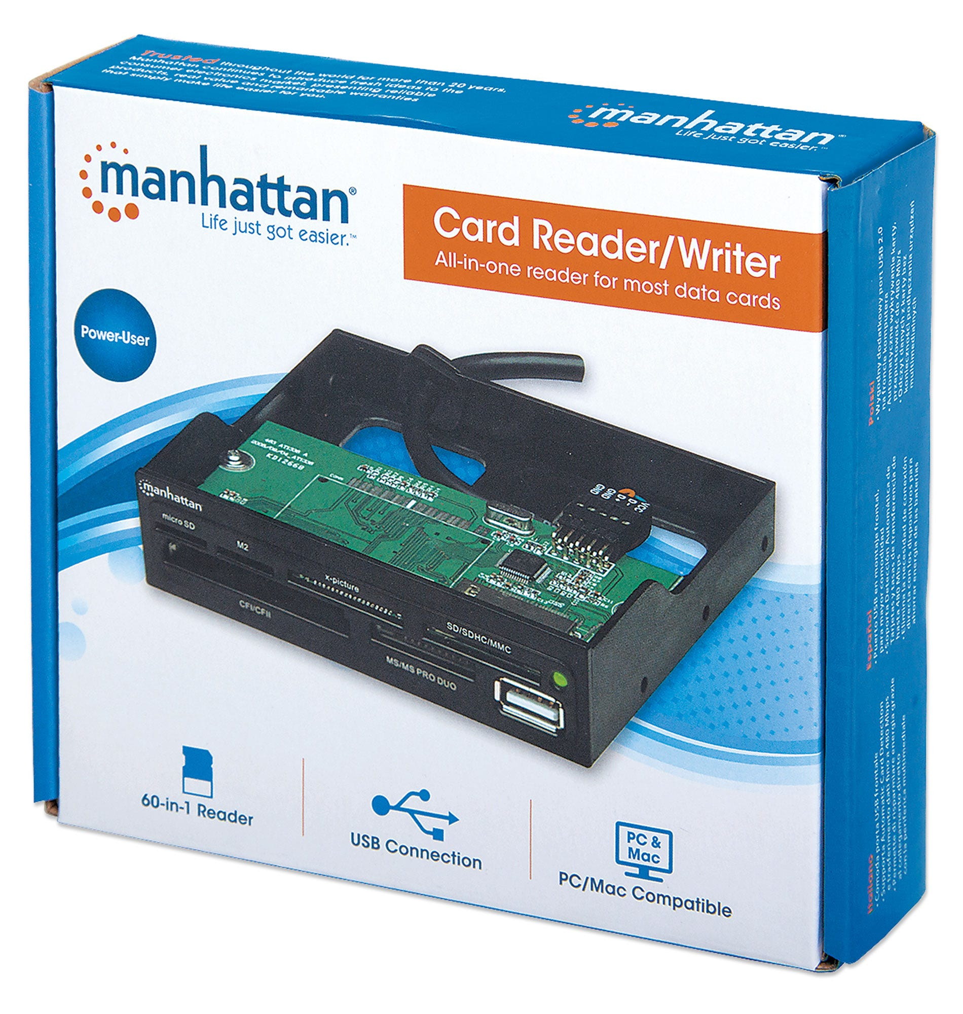Manhattan 3.5" Bay Mount Expansion Panel, 1x USB-A port, Multi-Card Reader/Writer 60-in-1, 480 Mbps (USB 2.0), Hi-Speed USB, Black, Three Year Warranty, Box – image 4