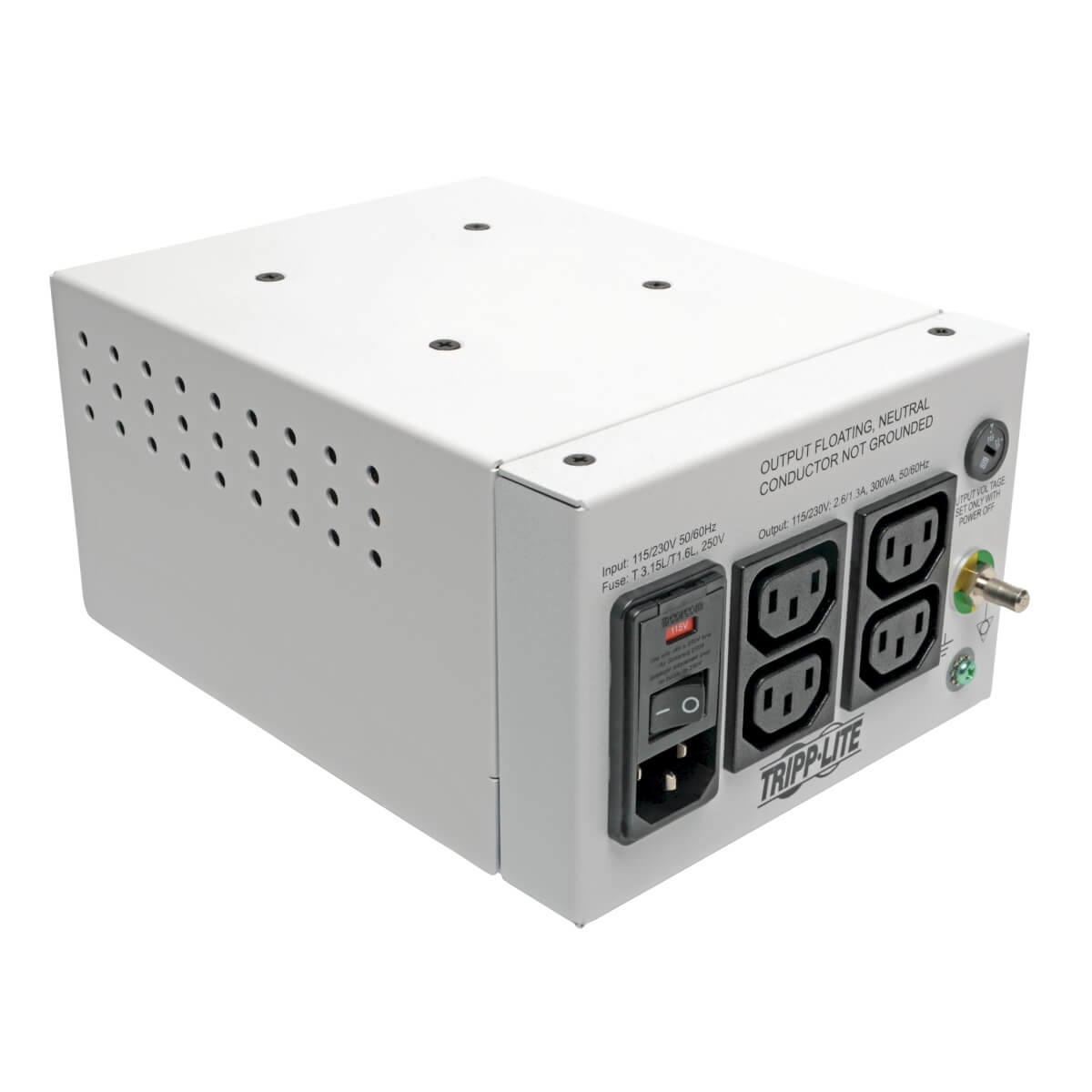 Tripp Lite Isolator Series Dual-Voltage 115/230V 300W 60601-1 Medical-Grade Isolation Transformer, C14 Inlet, 4 C13 Outlets - Transformer - AC 115/230 V - 300 Watt - 300 VA - output connectors: 4 - white