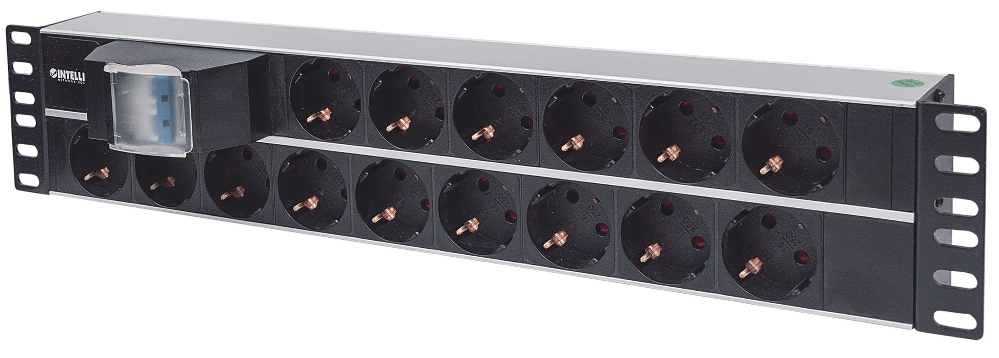 Intellinet 19" 2U Rackmount 15-Output Power Distribution Unit (PDU), EU CEE 7/3 Outlets, With Double Air Switch, Built-in 3 m (10 ft.) Power Cord with EU CEE 7/